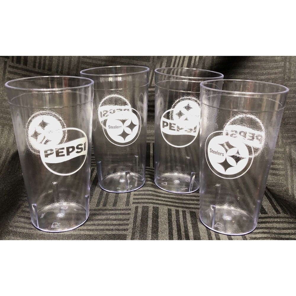 New Set Of 4 Steelers Pepsi Restaurant Clear Plastic Tumblers Drinking Cups 20oz